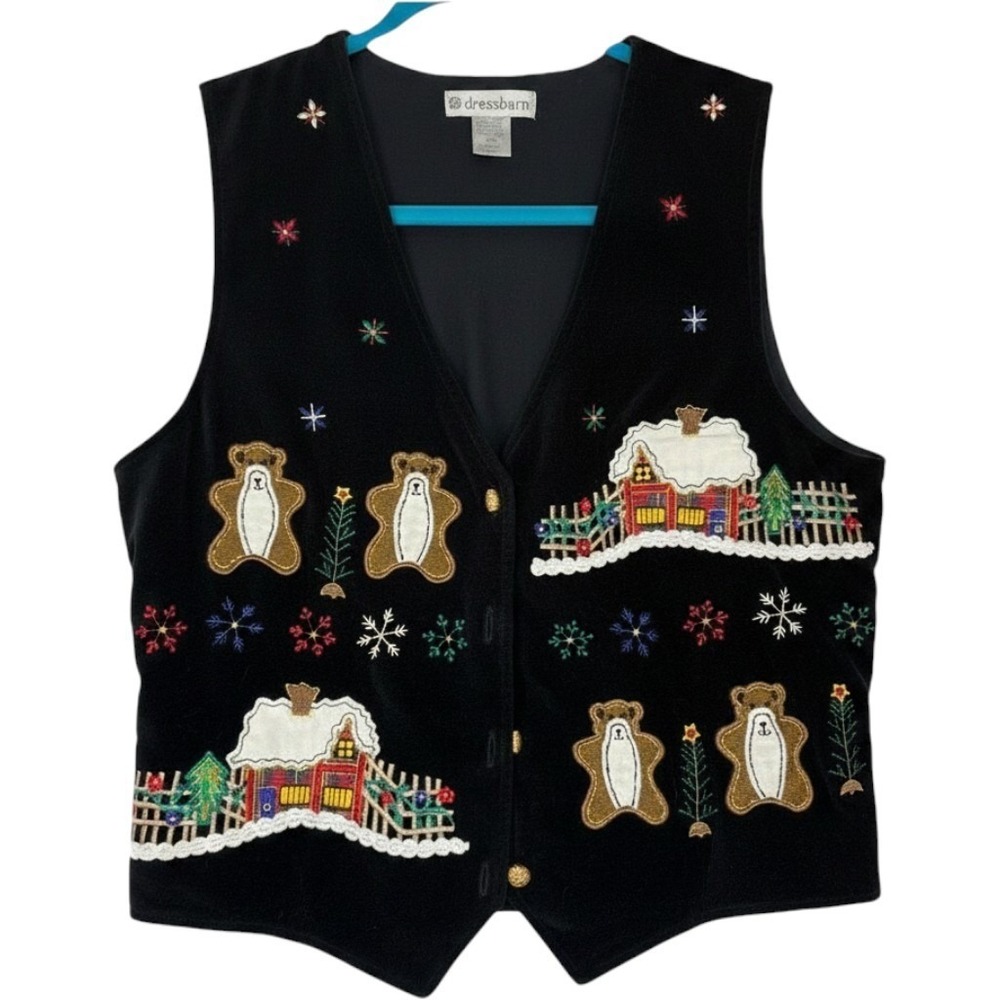 Vintage DressBarn 100% Cotton Embroidered Button Up Vest  Christmas Holiday Sz L